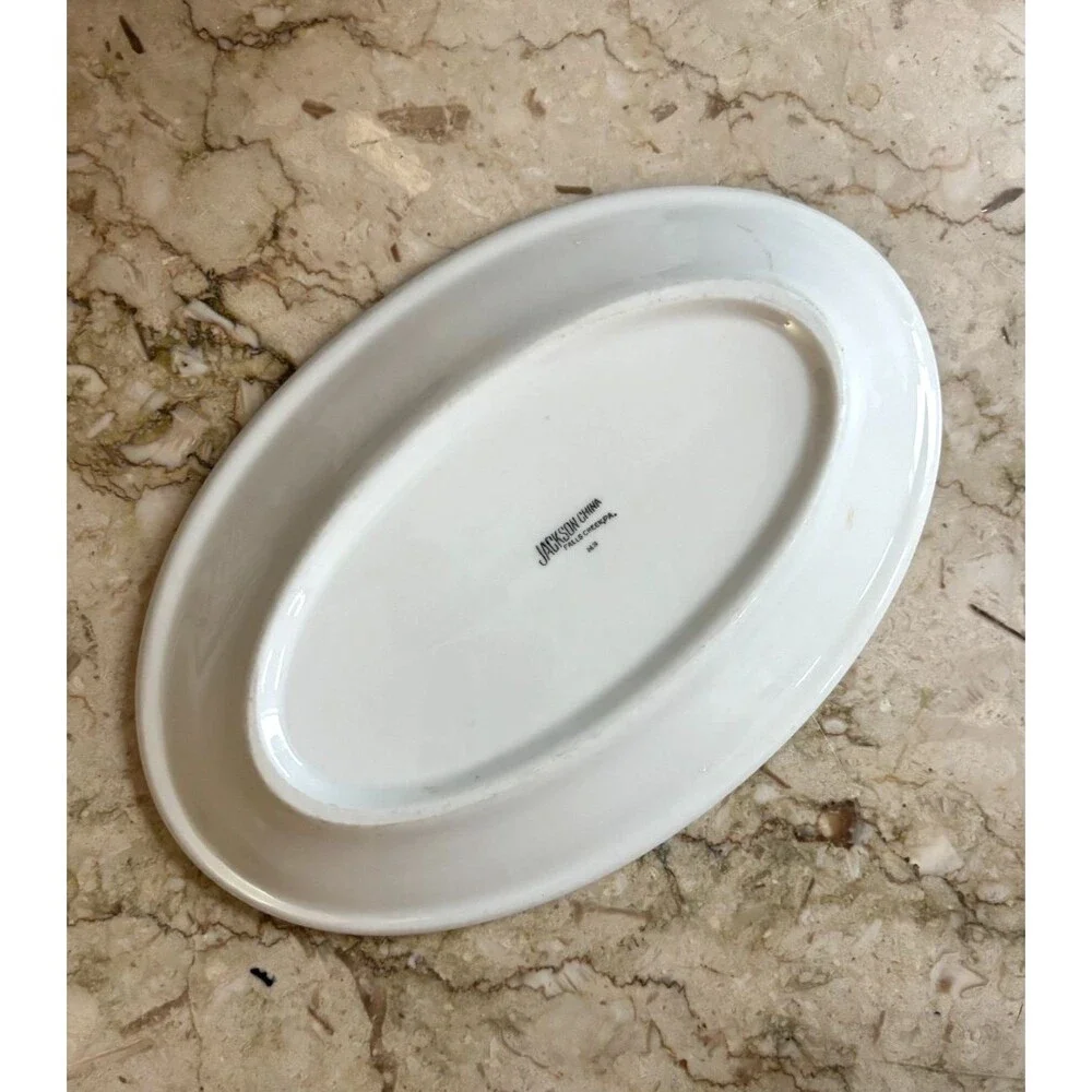 Vintage Jackson China Oval Serving Plate Airbrushed Green Leaves 1960's USA Made
